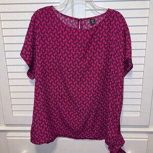 Shein Curve Plus 1XL Pink Black Print w/Side Tie Short Sleeve Blouse